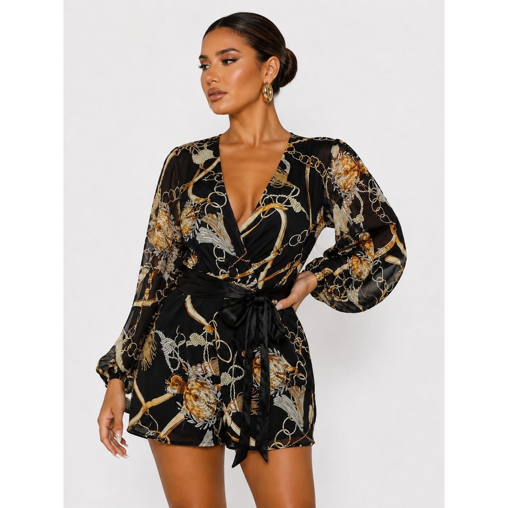 Fashion Nova Skylar Long Sleeve Romper Black Gold Chain Print V-Neck Size 2X NWT